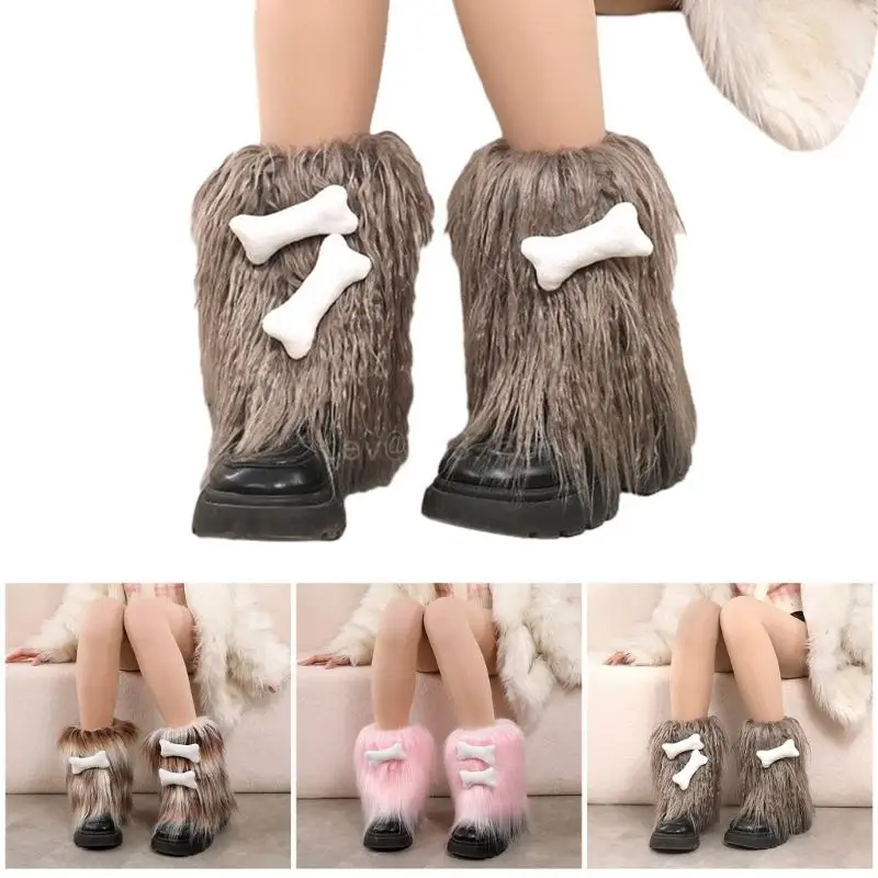 

Women Girl Winter Warm Furry Plush Leg Warmer Stockings Japanese Anime 3D Bone Leggings Boot Cuffs Fuzzy Sock