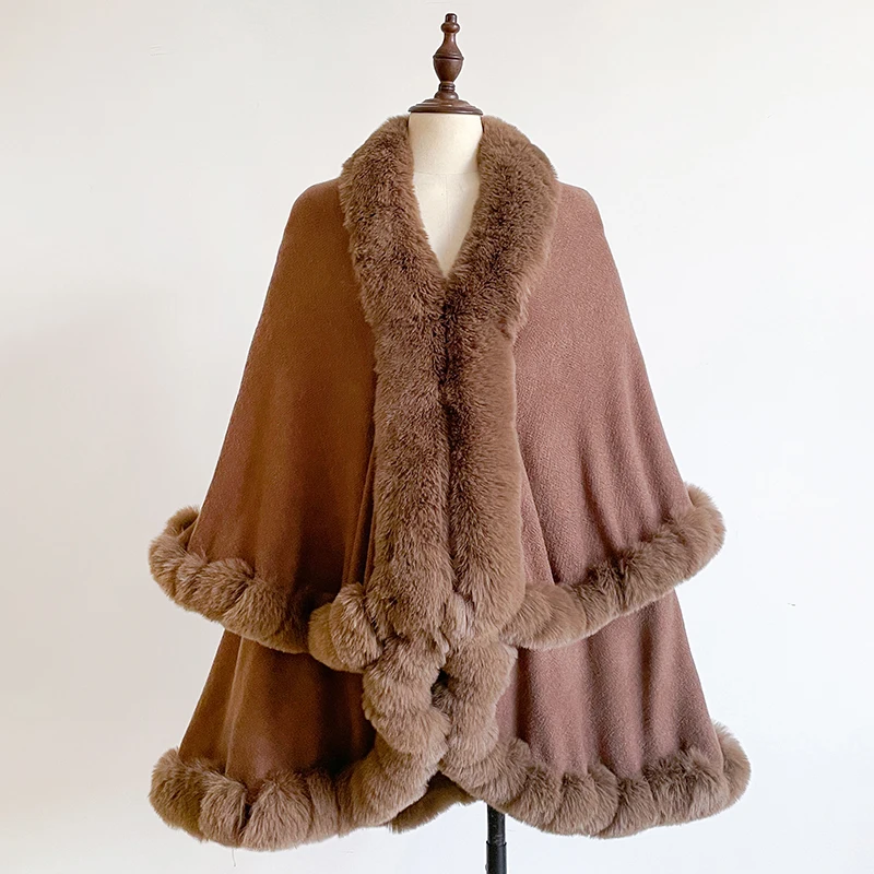 Neuer Winter-Umhang aus verdickter Nerzwolle mit vollen Borten, Kunstpelz-Umhang – Damen-Umhang mit Kapuze, lockerer Fleece-Umhang, Mantel, Partykleid, warm – Detail 9