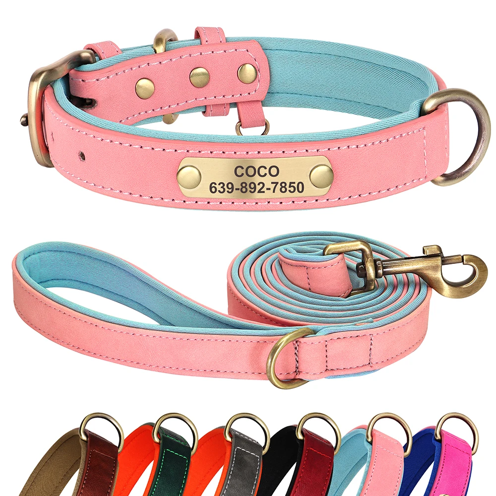 Personalized Dog ID Collar With Leash Soft Padded PU Leather Dogs Collar and Leash Set Anti-lost Tag For Small Medium Large Dogs