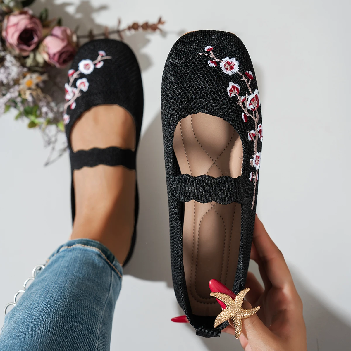 Zapatos Mary Jane planos de punto para mujer, con exquisitos estampados bordados, cómodos de usar y potencian el temperamento.