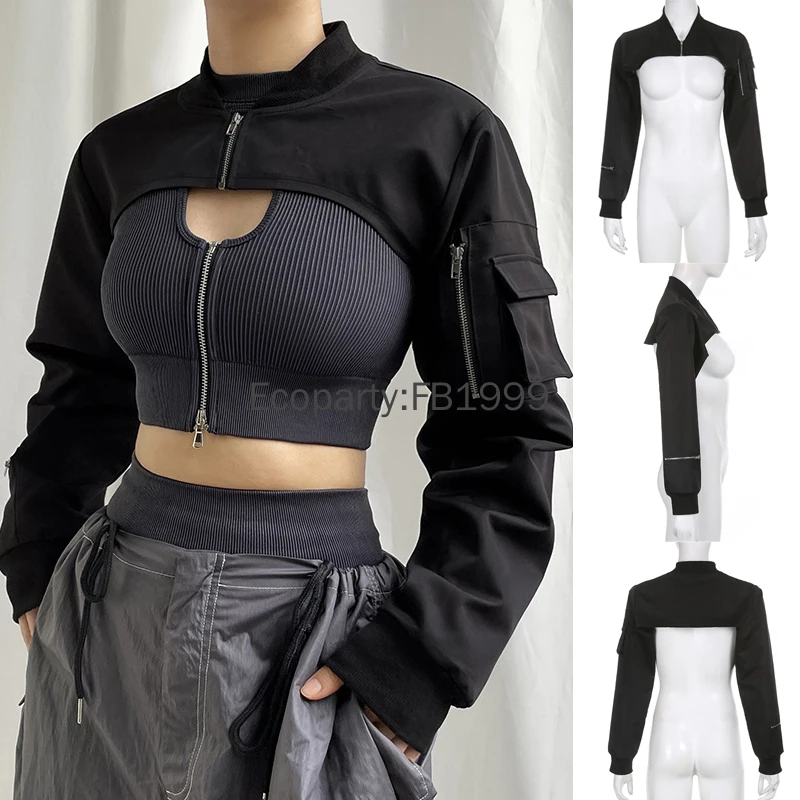 New Women Fashion Black Zip Up Stand Collar Long Sleeve Pocket Cropped Jackets Spring Summer Y2k Personality Gothic Smock Coats