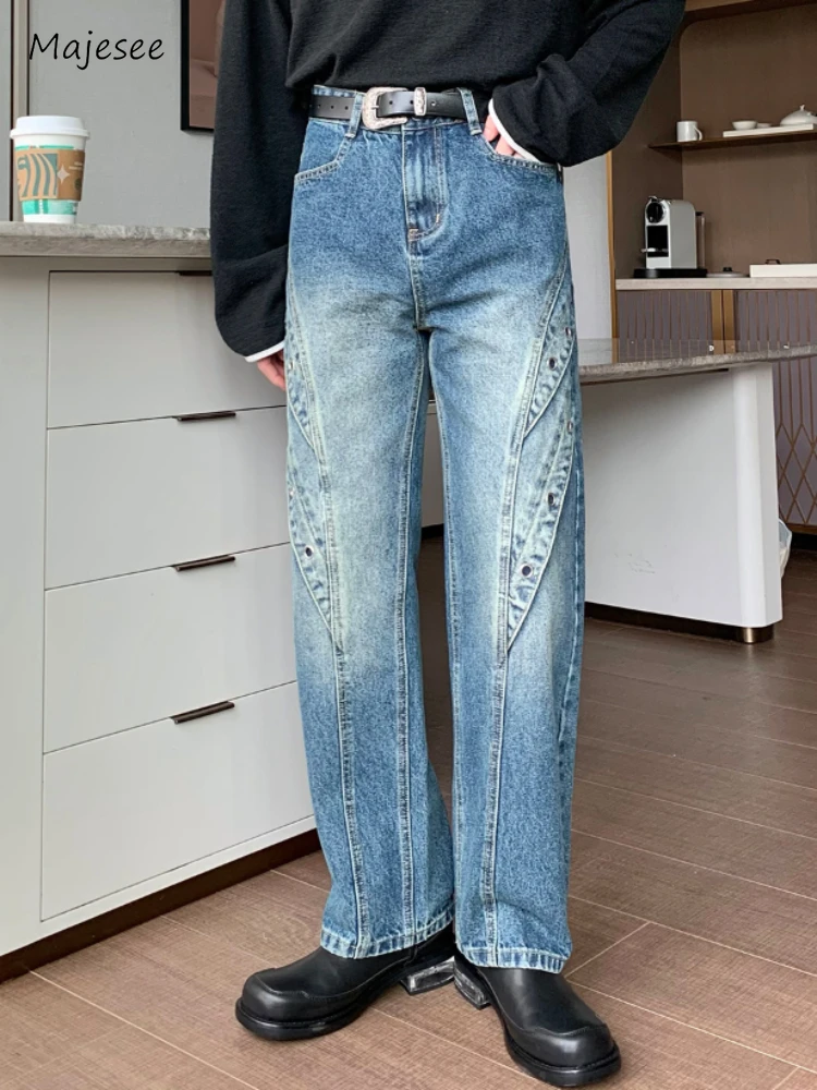 

Spliced Jeans Men Wide Leg Korean Style All-match Hipster Spring Summer Baggy High Waist College Daily S-3XL Denim Retro Basic