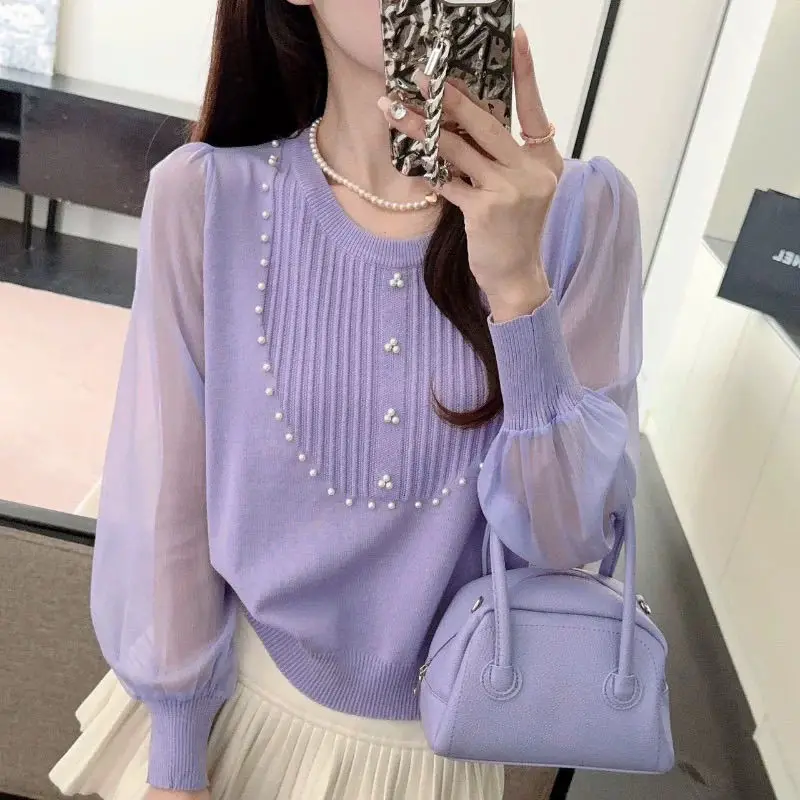 Temperament French Style Niche Beaded Chiffon Splicing Sweater Pullover Knitted Spring 2025 New Women's Crew Neck Top
