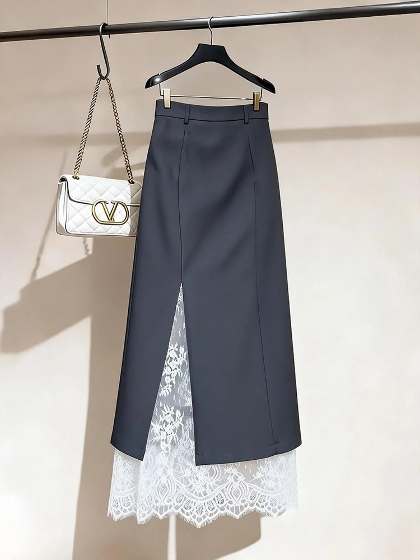 Gray Lace Patchwork A-Line Suit Style  Midi Skirt Women's Fashion Trendy Design Autumn New All-Match Mid-Length Skirt