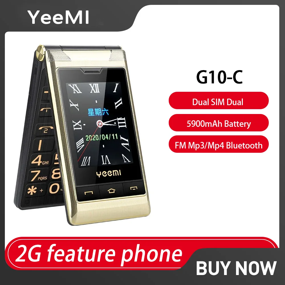 Yeemi G10-C 2G Dual SIM Dual Screen Flip Feature Russian Keyboard 5900mAh Phone Loud Sound for Elder 2.8” FM Mp3/Mp4 Bluetooth