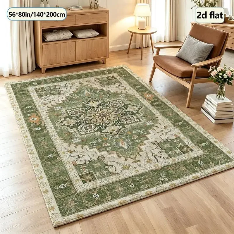 Green Bohemian Style Oriental Medalion Pattern Carpet, Vintage-Style Square Carpet, Suitable for Bedroom and Living Room Floor D