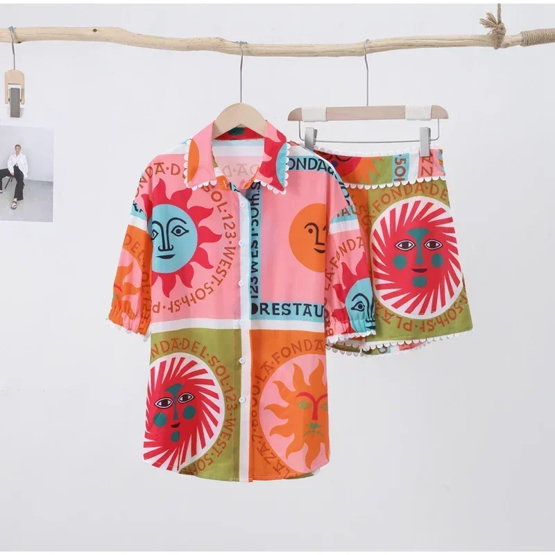 Print Casual Beach Shorts Sets Women Loose Short Sleeve Turndown Collar Shirt High Waist Female Suit 2024 Spring Summer Lady Set