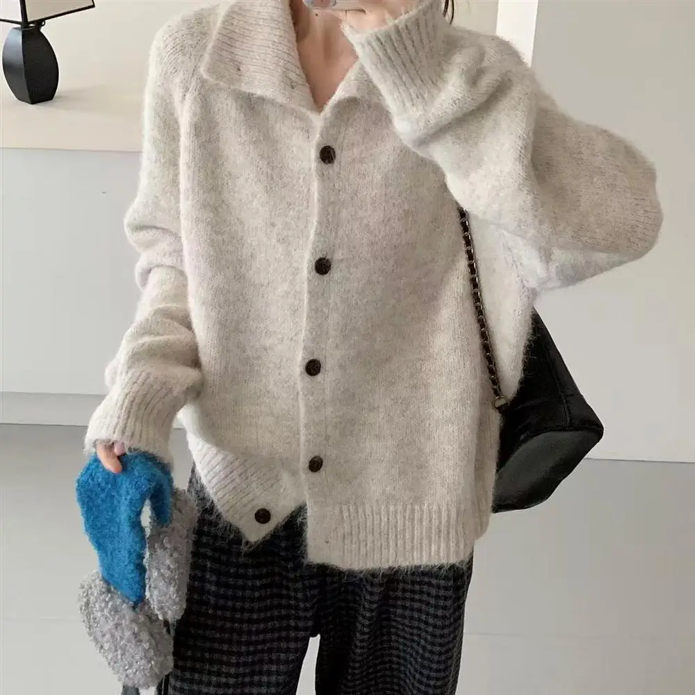 Retro Korean Knitted Open Cardigan Loose Lazy Style Women's Sweater Jacket Autumn Winter New Arrival Warmth Heating Pure Color