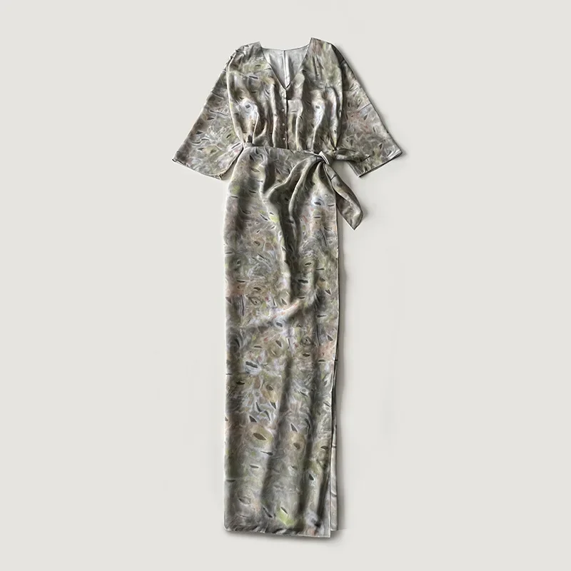 

dress for wedding party women printed tie silk dress V-neck single-breasted waist elegant temperament dress