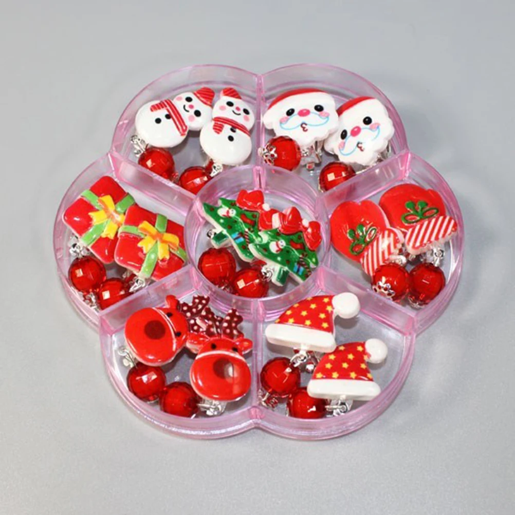 

14 Pairs Cartoon Christmas Ear Clips Child s Stud Earrings Holiday Girls Accessories