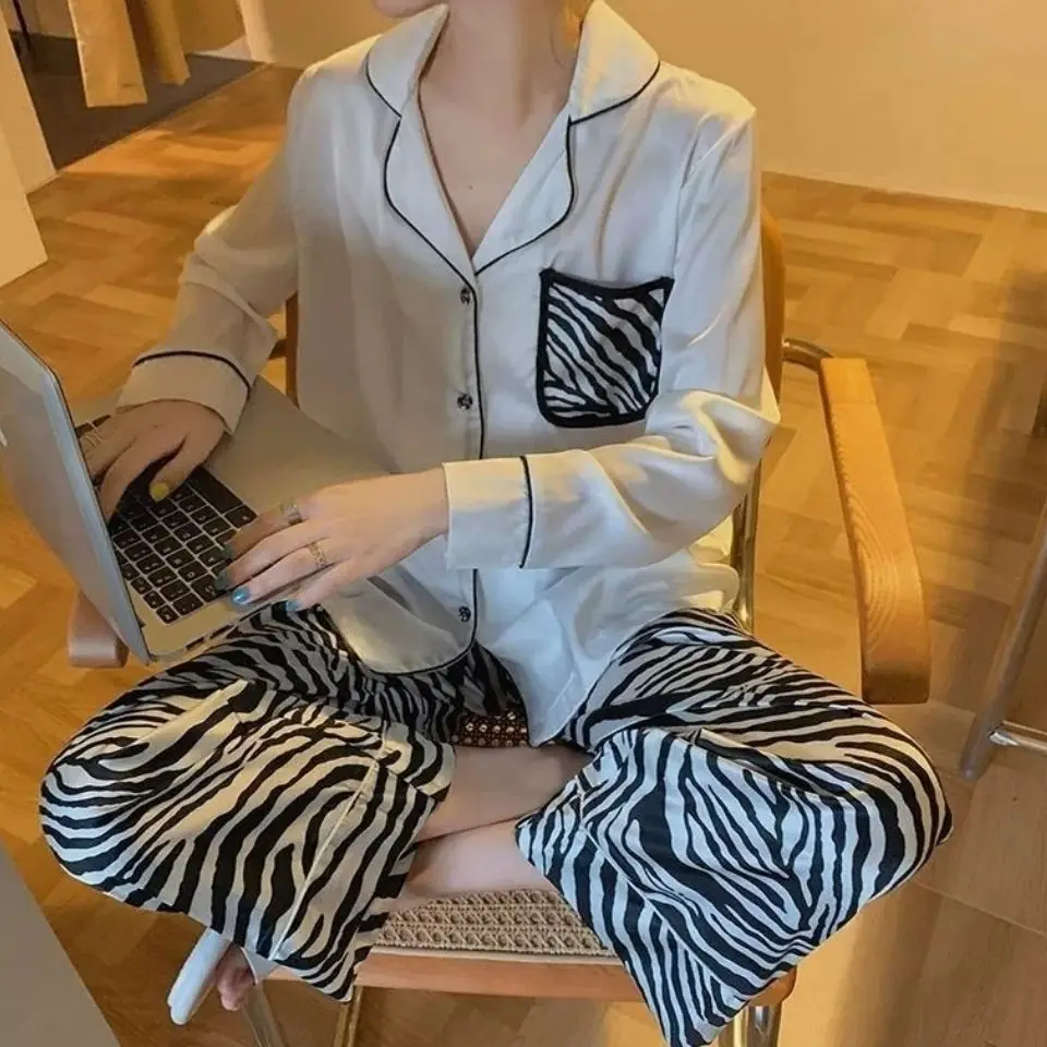 Pajamas For Women Chiffon Pyjama Pour Femme Zebra-stripe Pijamas Feminino 2pcs Long Sleeve Pants Spring Sets Womens Outfits 4xl