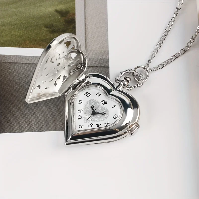 Retro Heart Pointer Quartz Pocket Watch - Hollow Out Analog Necklace Chain Pendant Watch - Perfect Valentines Gift for Her  Him