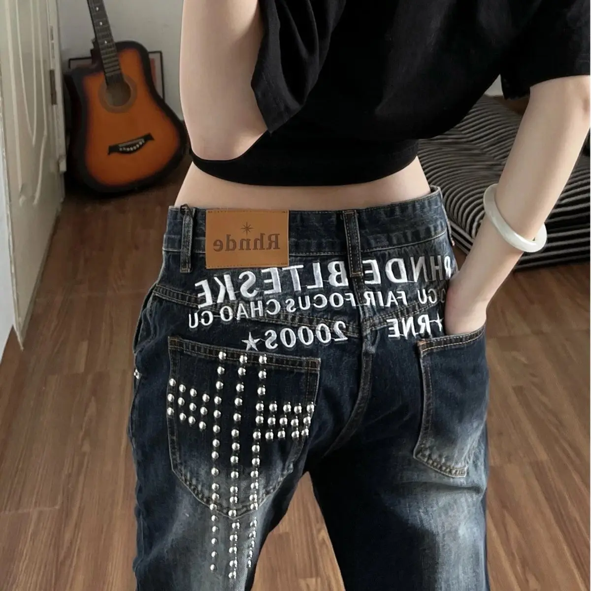 Washed Blue Baggy Jeans Women Vintage Gothic Y2K Hot Girls Low Waist Micro Pants Women Rivet Letter Embroidered Straight Jeans
