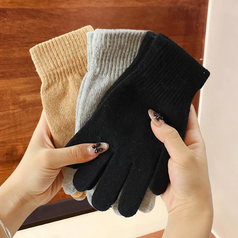 Solid Color Knitted Men's and Women's Autumn and Winter Warm Elastic Wool Finger-Separated Student Cycling Gloves