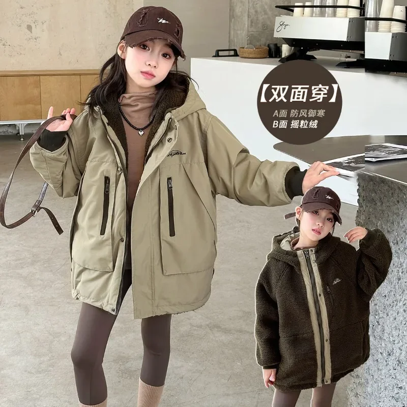 Winter Waterproof Coat For Boys PlushHooded Jacket Double Face Wear Children Outerwear Hiking Travel Teenage Girls Parkas