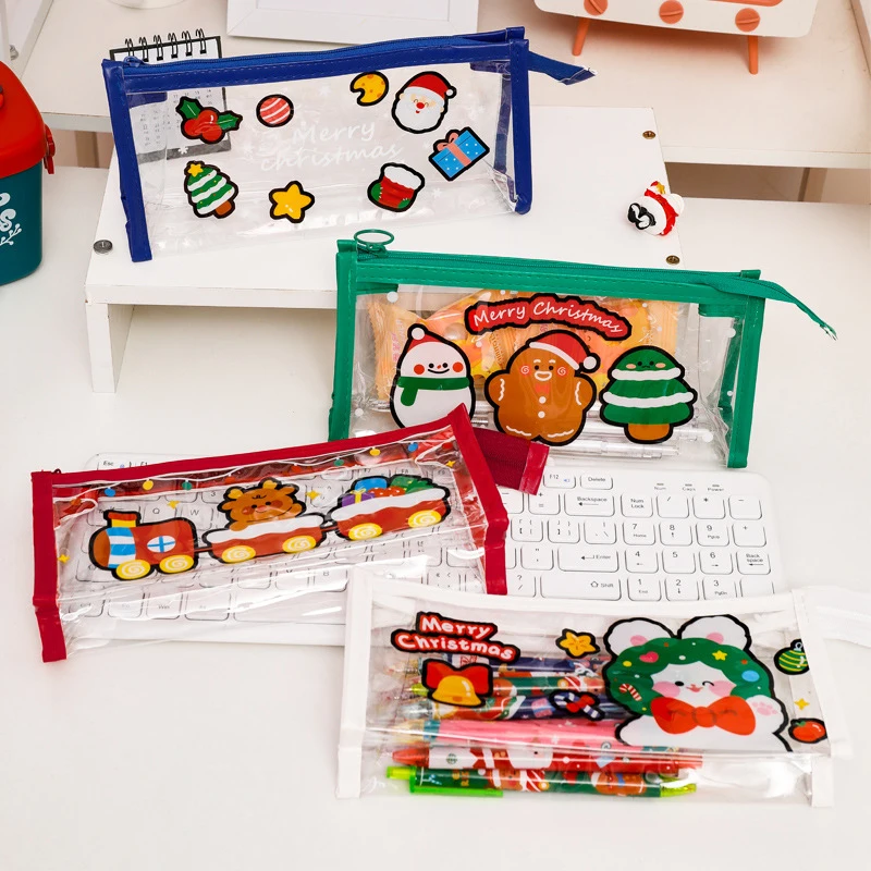 Cute Christmas PVC Pen Case Storage Stationery Bag Pencil Box Transparent Large Capacity Pencil Case Kids Christmas Gift