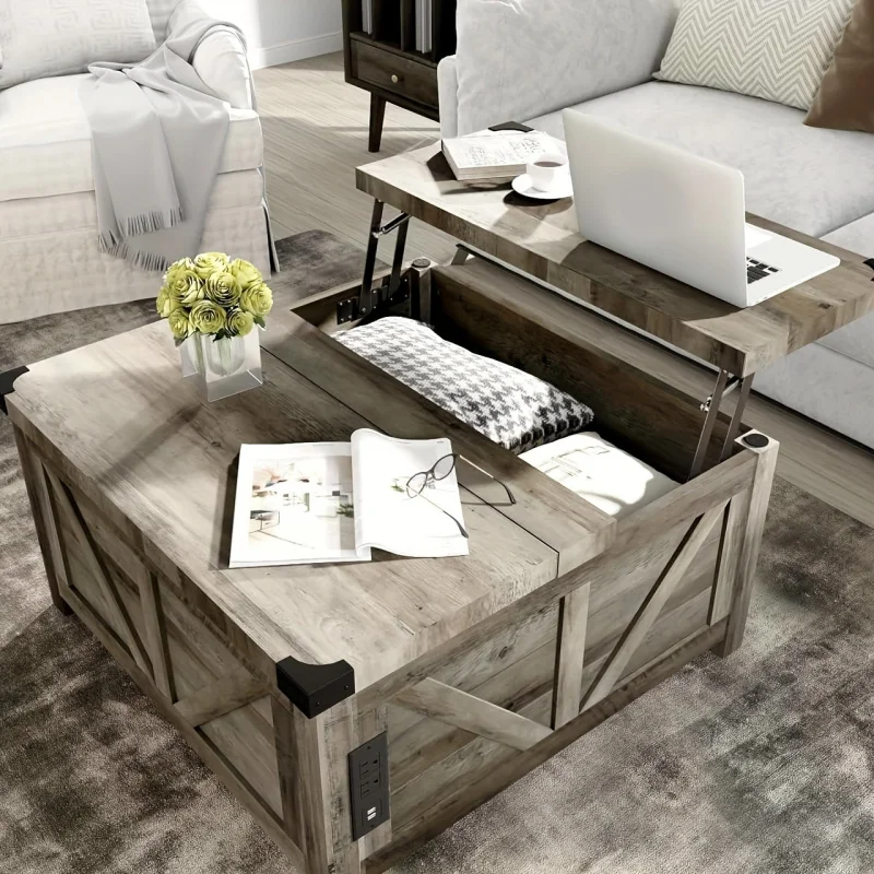 Farmhouse-style lift-top coffee table with SUB ports, featuring a large hidden space in the center, suitable for living room