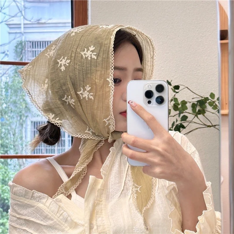 Korean Ins Lace Scarf Cotton Linen Pleated Scarf Crinkled Hair Scarf Small Scarves Women Retro Embroidery Triangle Hair Scarf