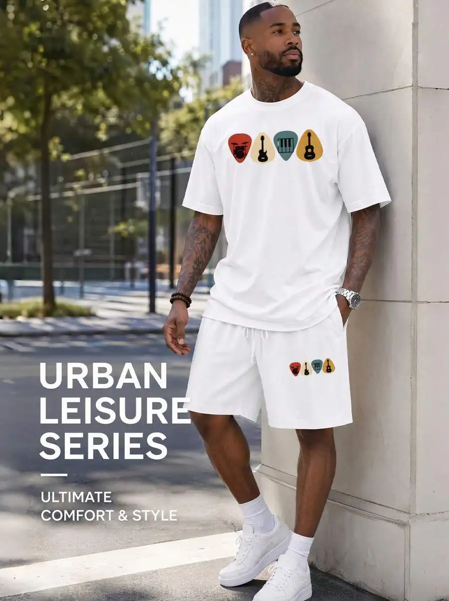 Men S 2 Piece Oversized T-Shirt Shorts Set Musical Instrument Pi Graphic Streetwear Casual Outfit view 6