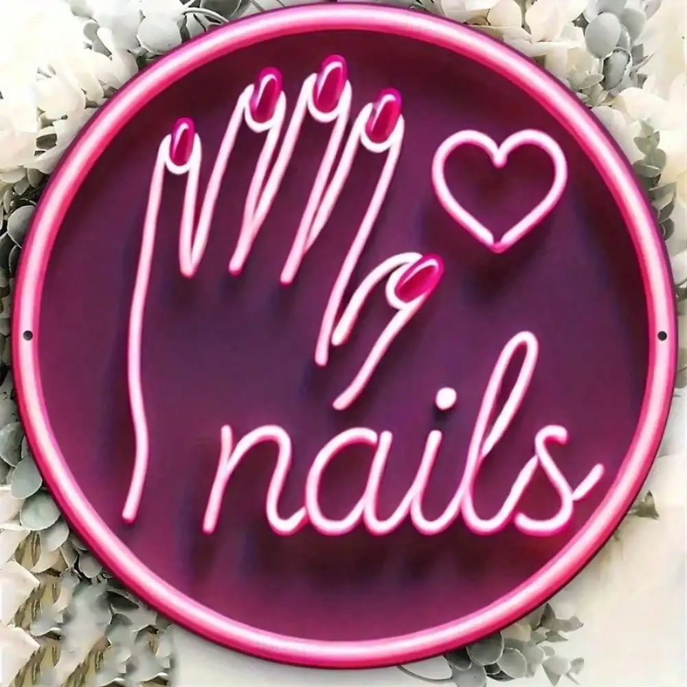 1pc Round Pink Neon Nail Art Hanging Sign Wall Decor 20.32x20.32cm Iron Non-Electric for Home Bedroom Bathroom Multi-Scene Decor