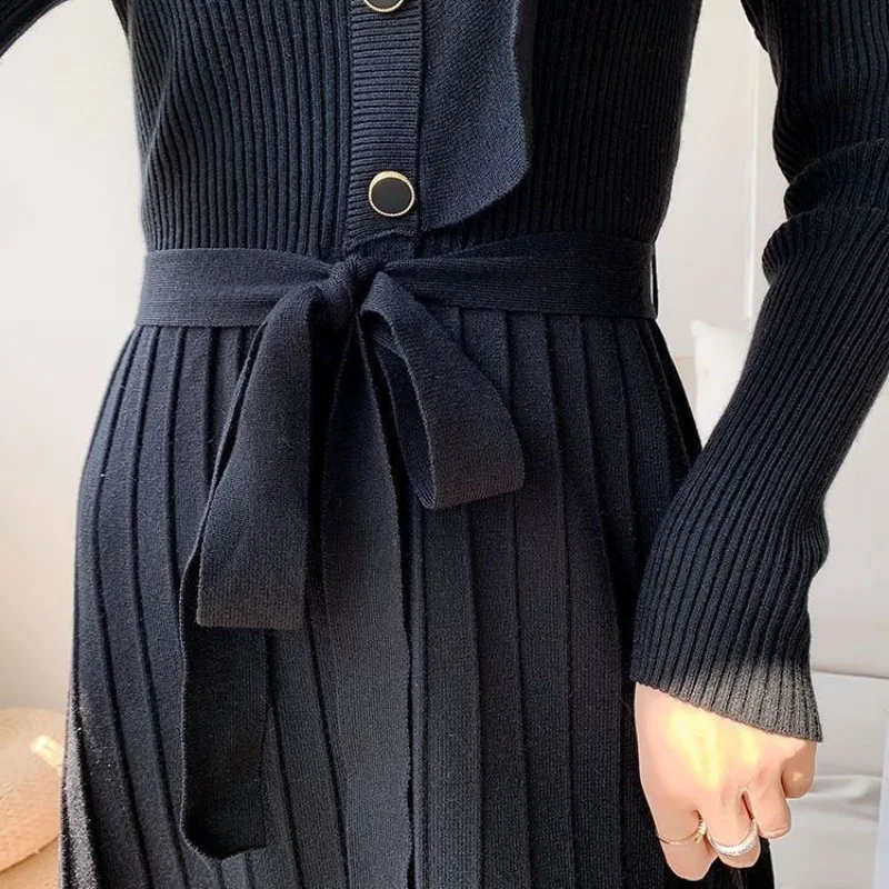 Flounced Edge Pleated Knitting Dresses Women Spring Autumn V-neck Long Sleeve Mid-calf Thicker Slim Fashion Elegant Soft Casual