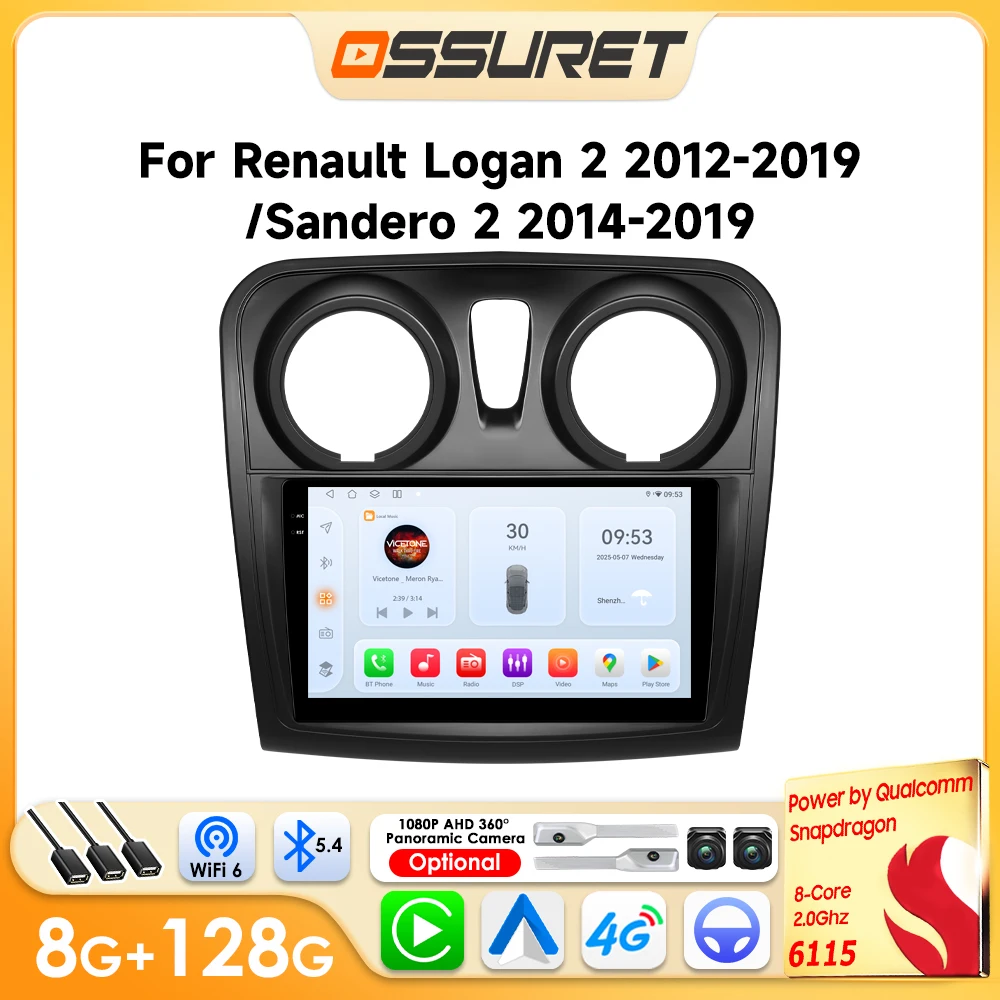 OSSURET Autoradio Android per Renault Logan 2 Sandero 2 2012 -2019 Carplay Lettore multimediale per auto 8core 6115 GPS Autoradio 360cam