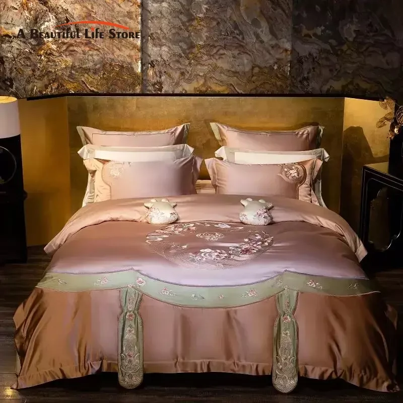 New Chinese Style Flowers Embroidery Brocade Egyptian Cotton 4/6/10Pcs Luxury Bedding Set Duvet Cover Set Bed Sheet Pillowcases