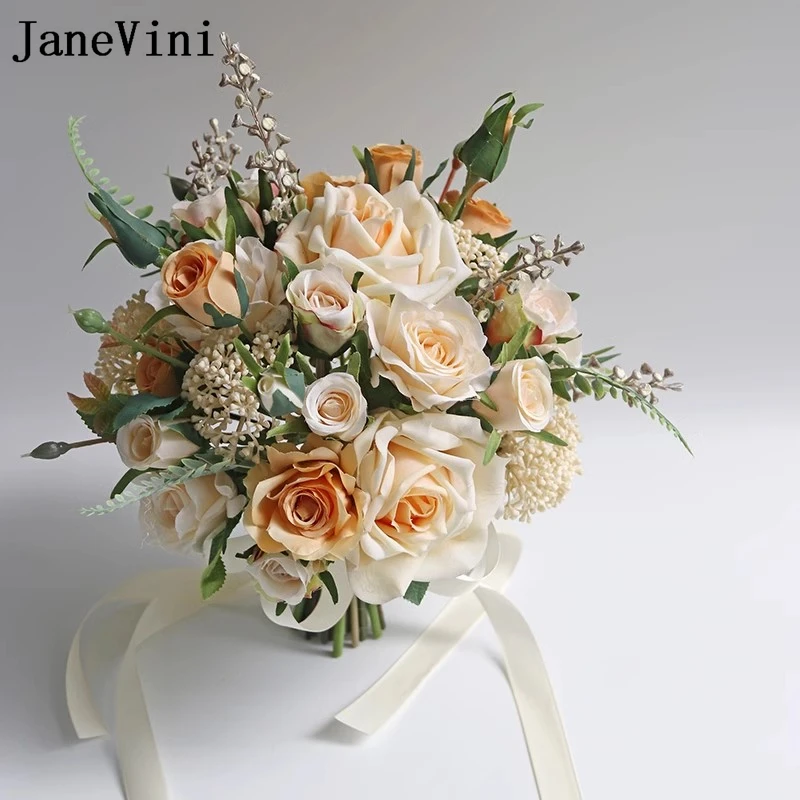 

JaneVini Pretty Champagne Roses Bridal Bouquets Artificial Bride Holding Flowers Wedding Hand Bouquets Photography Props Boeket