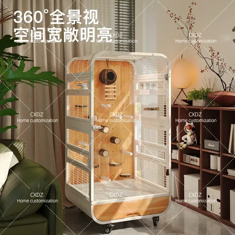 Luxury Solid Wood Parrot Cage Panoramic Bird Villa Ecological Cabinet with DIY Station Pole for King Kong Monk Parakeet Gray