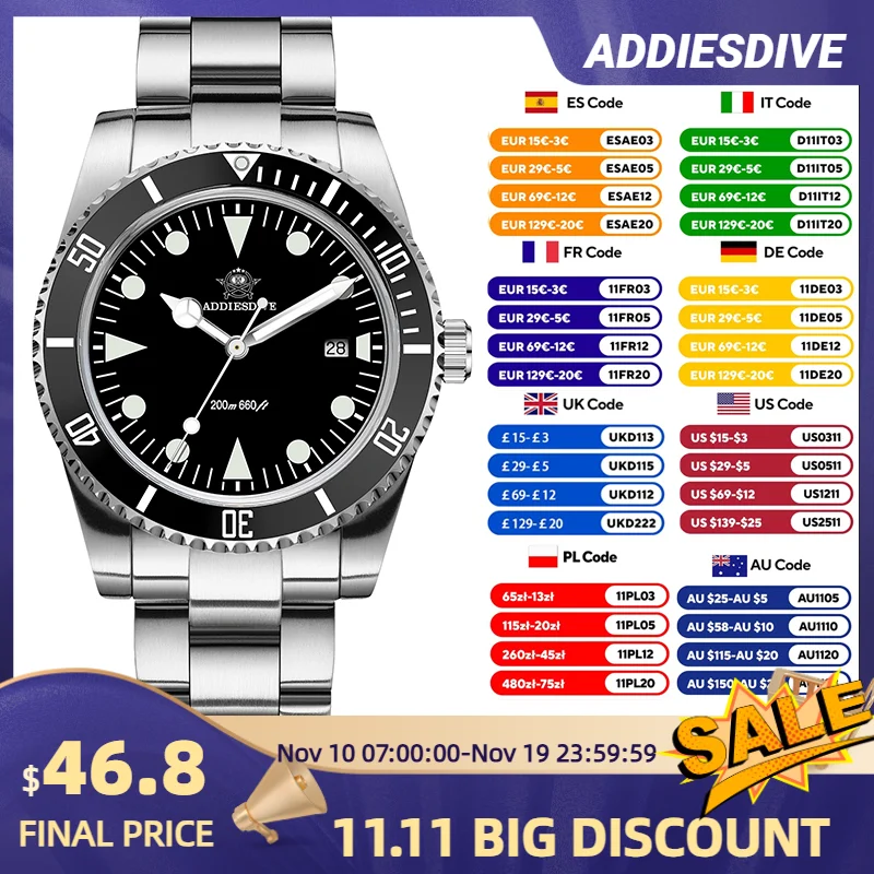

ADDIESDIVE 2024 Новые мужские часы Дата Нержавеющая сталь 316L 20 бар Водонепроницаемые BGW9 Супер светящиеся кварцевые часы Reloj