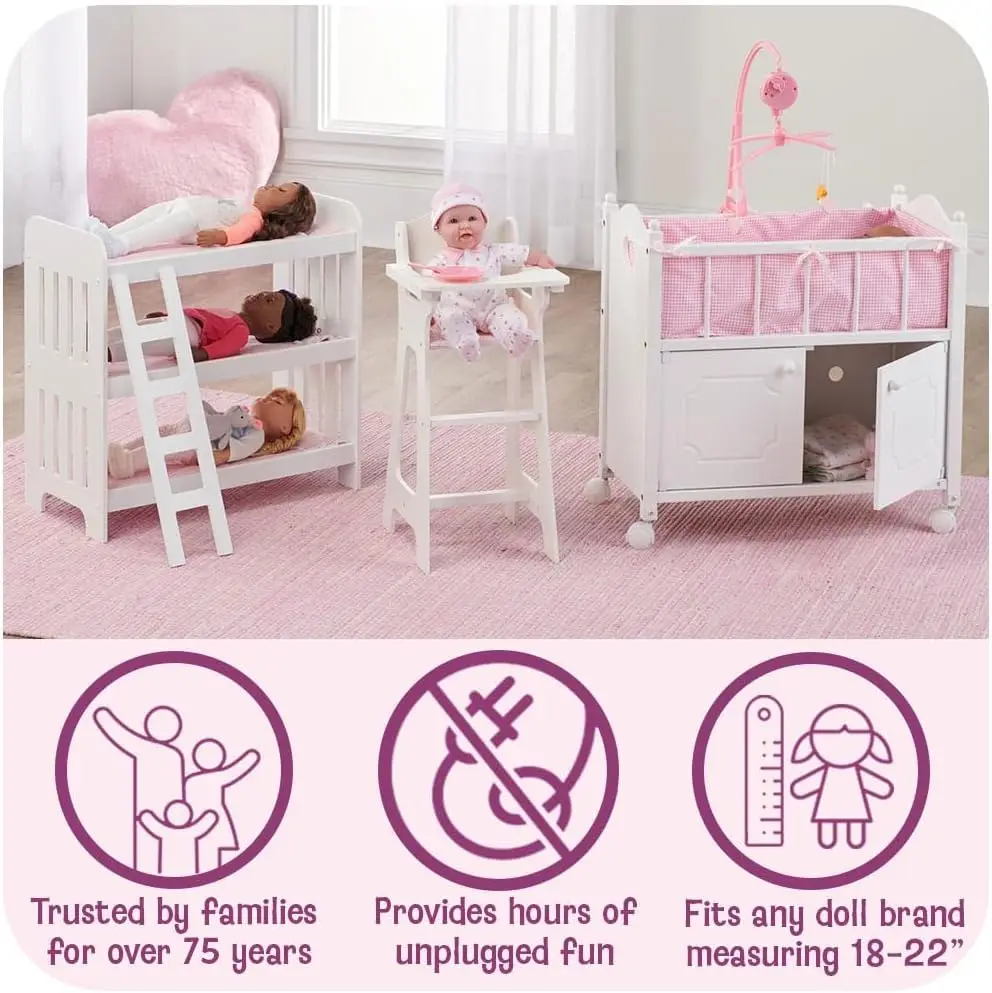 Doll Bassinet with Canopy for 18-20 Inch Dolls, Includes Storage Basket and Bedding - Gray Nursery Bed