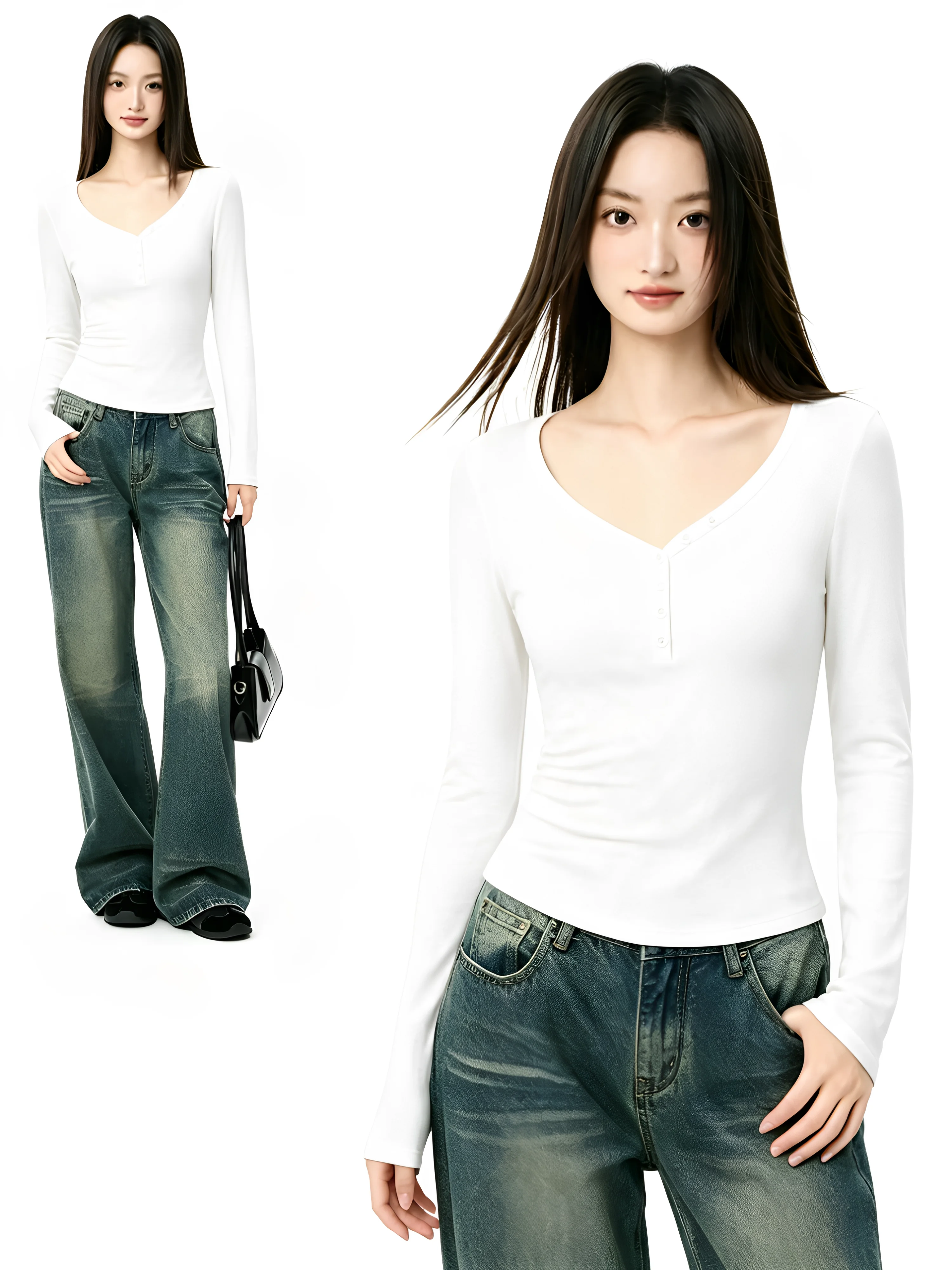 Women's V-Neck Long Sleeve Base Shirt Spring Autumn New Style plus Size Slim Fit Inner Wear Commute Wind Korean Version T-Shi...