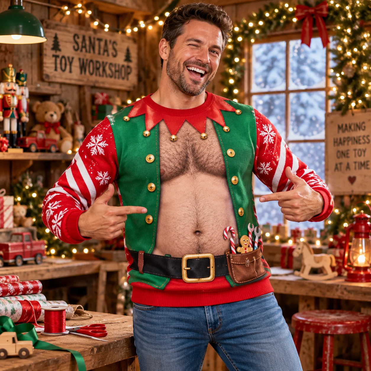 Christmas Elf Dad Bod Ugly Christmas Sweater Men 3D Print Polyester Crewneck Sweatshirt Funny Holiday Costume Pullover
