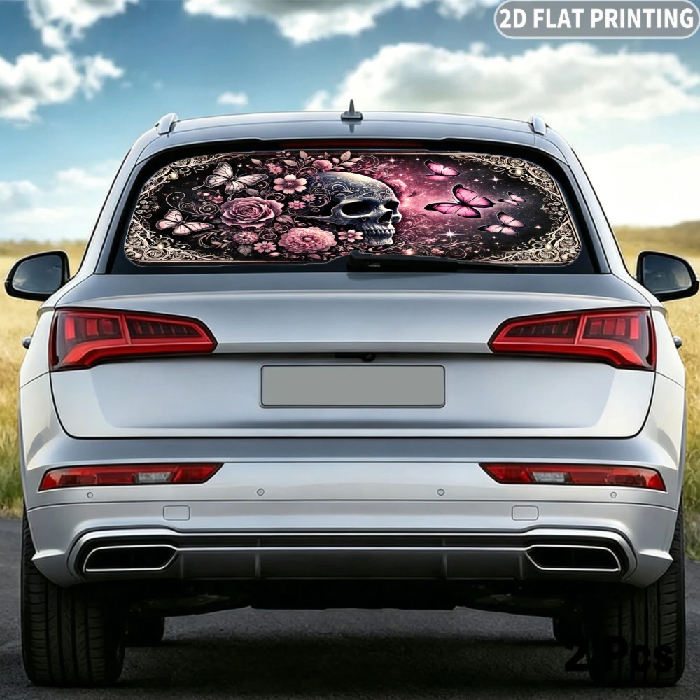 2D FLAT Printing 1pc Car Rear Window Sunshade Skull Roses Butterflies Floral Pattern, 4 Suction Cups, Block Sunlight