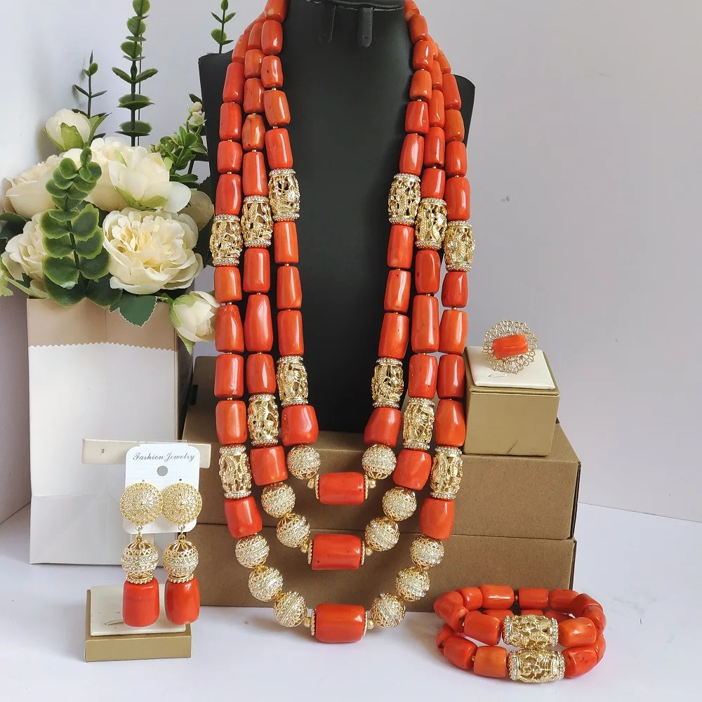 

orange real coral necklace nigerian wedding african beads jewelry set luxury