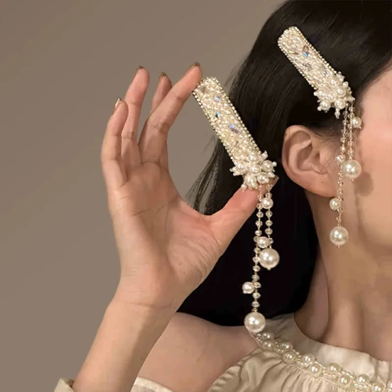 

New Chinese Style Hair Clips for Women Pearl Rhinestone Tassel Elegant Ethnic Style Barrettes Unique Fashion Hair Accessories
