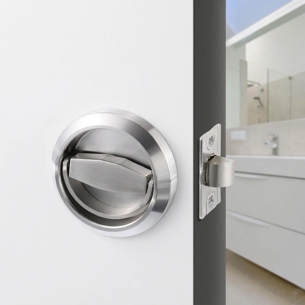 For Heavy-Duty Stainless Steel Pocket Door Lock with Recessed Circular Profile and Dual-Sided Finger Ring Latch