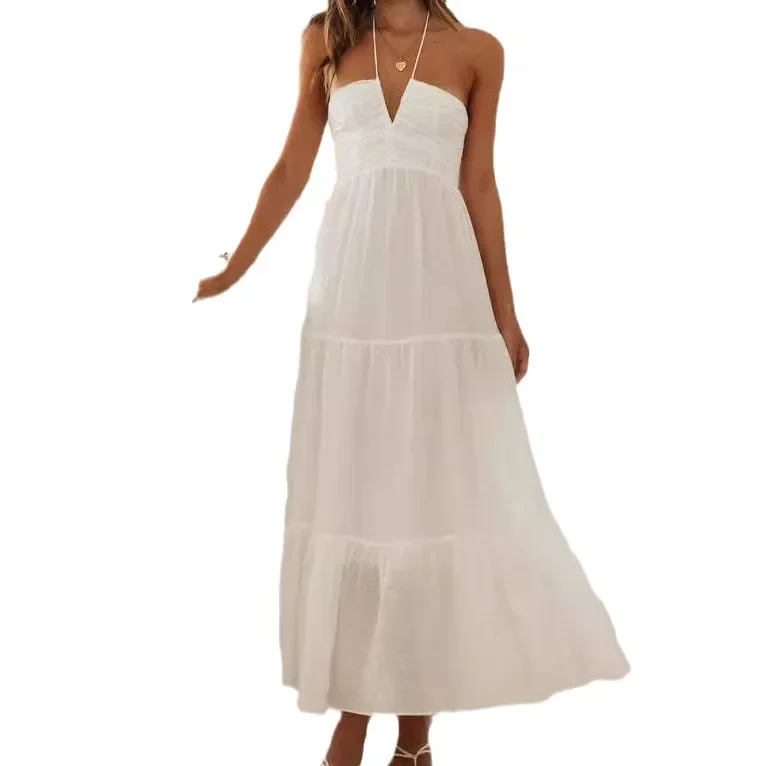 Abiti con scollo all'americana con stampa floreale Temperamento da donna Sexy con spalle scoperte Scollo a V Abito lungo senza schienale Abiti estivi da donna per le vacanze