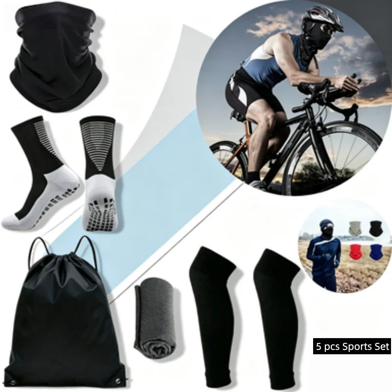 5Pcs Cycling Sports Accessories Set Neck Gaiter Non-slip Socks Leg Sleeves Towel Drawstring Bag for Riding Running