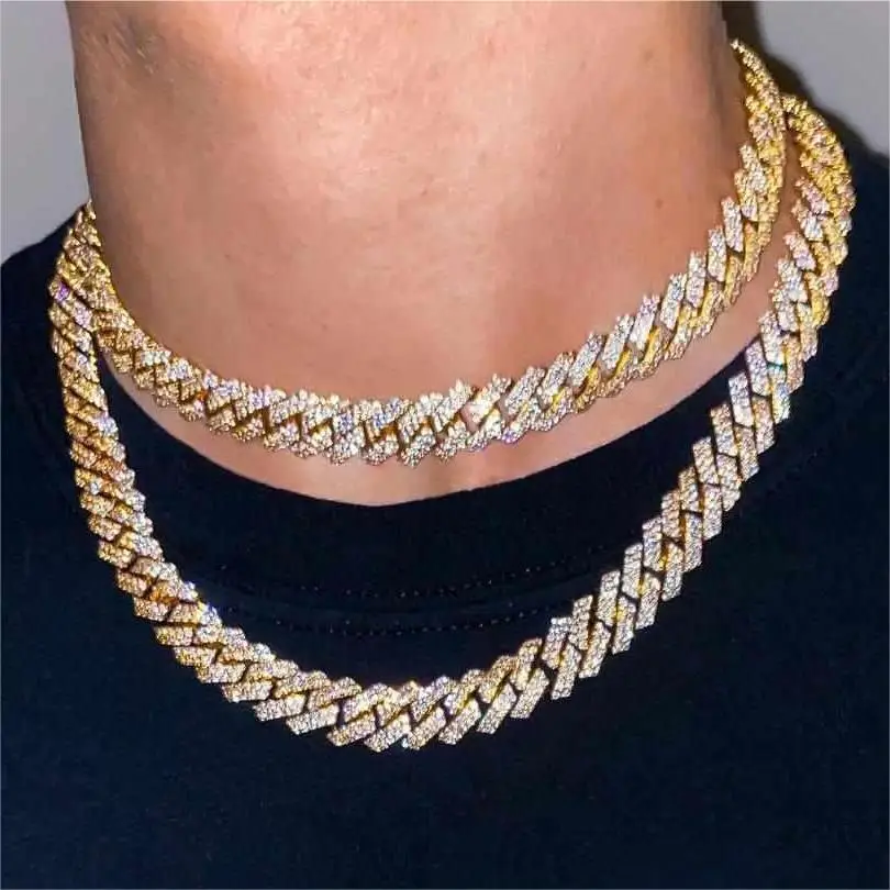 High Quality Moissanite Cuban Necklace Hiphop 12mm Gold Plated 925 Silver Moissanite Cuban Link Chain