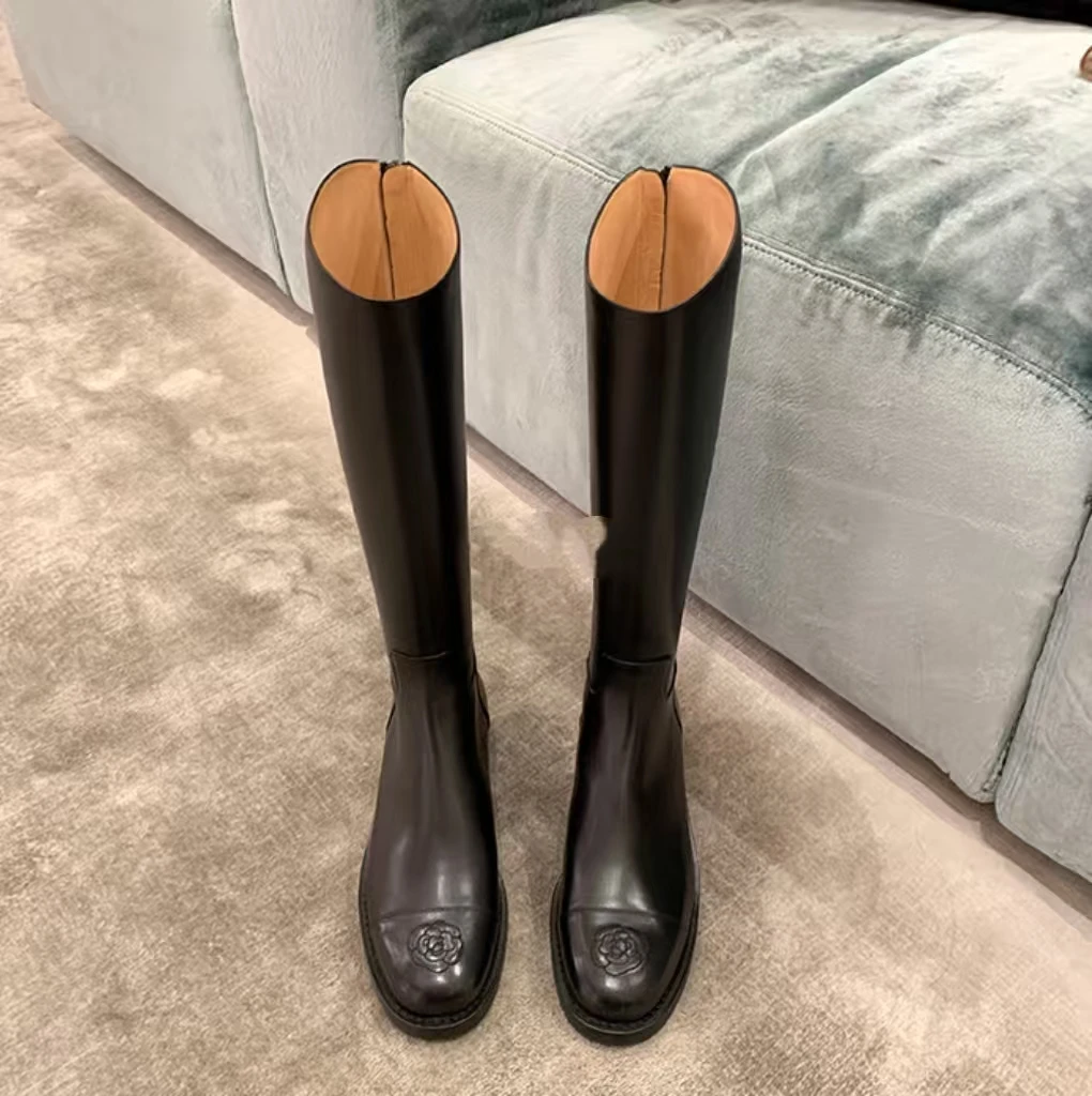 Women's Long Tea Rose Embroidered Leather Boots Slim High-Rise Knee-Length Riding Boots Rubber Sole Comfortable Cushioning