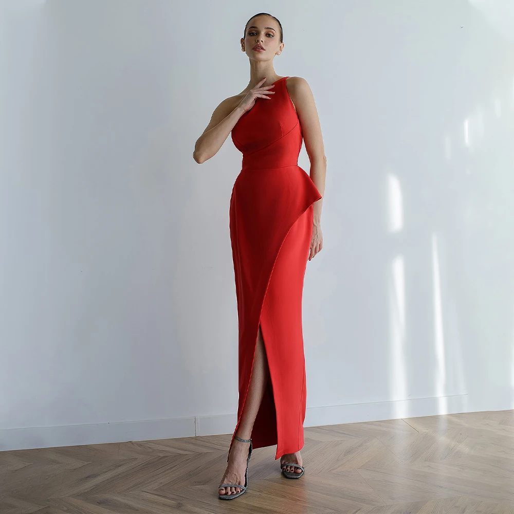 

Red Evening Party Dress Midi Criss-Cross Split Column Elegant Prom Gowns for Women 2024 One Shoulder Ankle Length Cocktail Dress