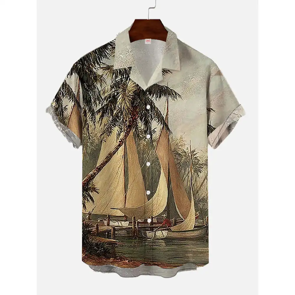 Hawaiiaans kokospalmpatroon 3D-print reversoverhemden Strand zonsondergang mode bloemenshirt met korte mouwen Oversized unisex casual tops