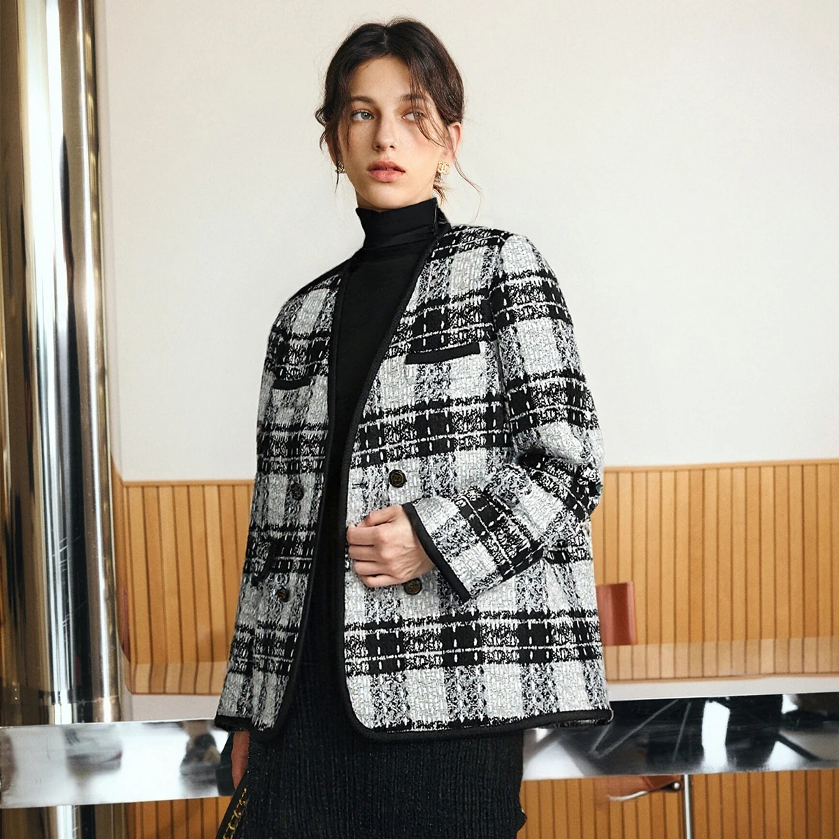 OLrain femmes mélanges vestes 2025 automne nouveau en hiver col en v manteaux élégant trajet ample Plaid vêtements d'extérieur femme G23DN65988