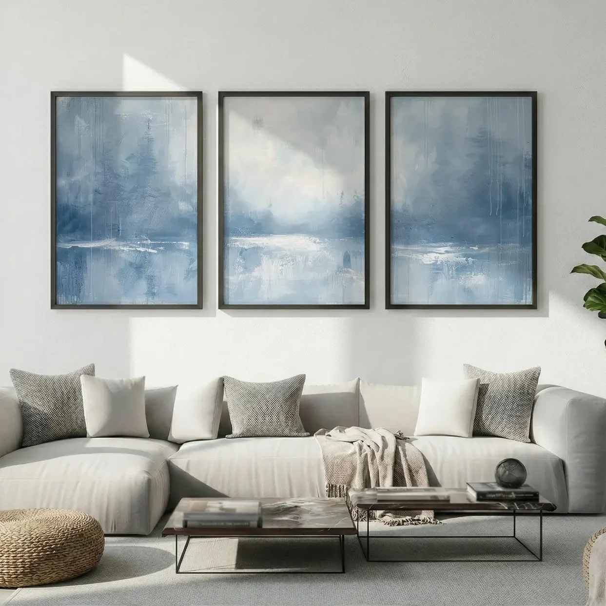 3pcs frameless Canvas Painting 3PCS  Slate Blue and White Wall Art Coastal Abstract Poster Misty Forest Landscape Wall Decor Can