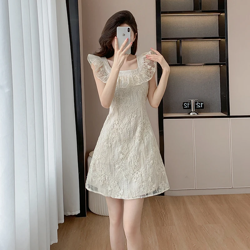 

Korean Style Women Fashion New Solid Color Lace Embroidered Ruffles Slim Summer Sleeveless A-line Dress