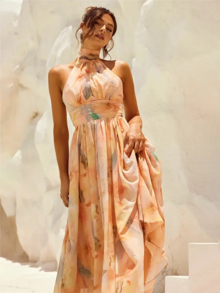 فستان نسائي صيفي جديد غير رسمي على طراز المنتجع موضة مطبوعة بدون أكمام وياقة رسن مثير بدون ظهر بقصة ضيقة فستان بحاشية متدفقة #3