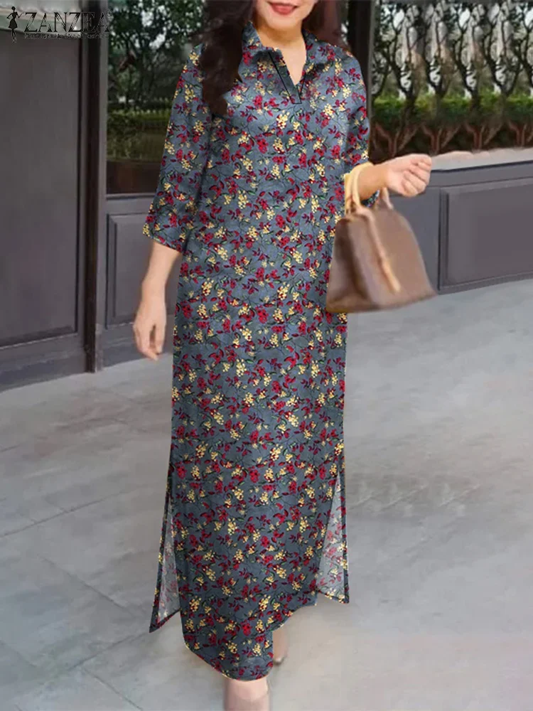 2025 Autunno Moda Abiti con stampa floreale ZANZEA Abito lungo da donna Vintage Manica 3/4 Lavoro Vestito estivo Robe Femme Abiti bohémien