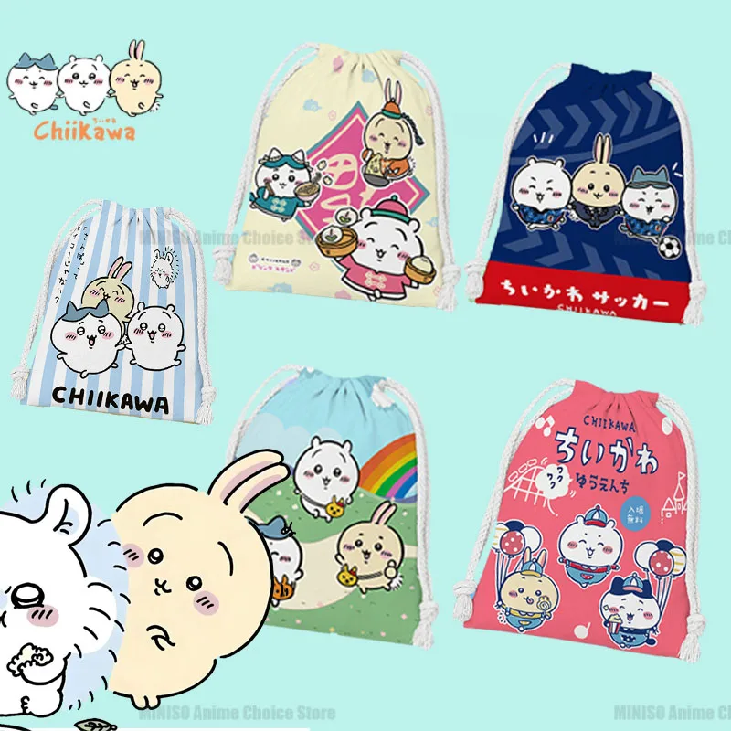 New Chiikawa Peripheral Bundle Pocket Drawstring Cartoon Usagi Hachiware Pattern Small Cloth Bag Student Portable Toiletries Bag