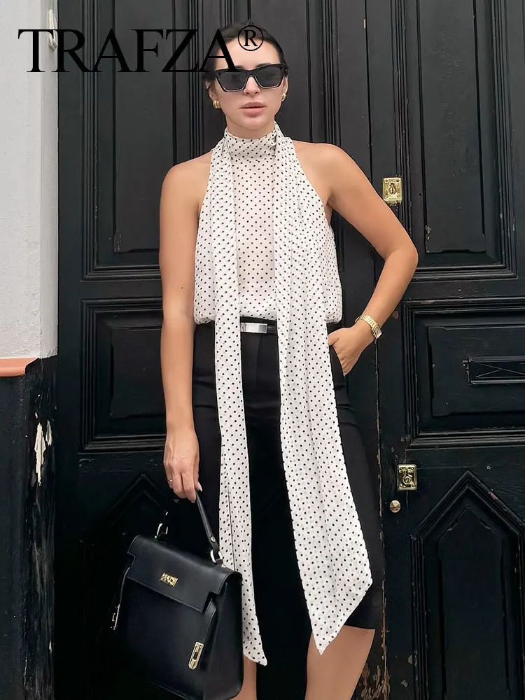 

TRAFZA Summer Retro Polka Dot Print Top For Women Fashion Sleeveless Halter Neck Bow Decorative Lace Up Off-Shoulder Elegant Top